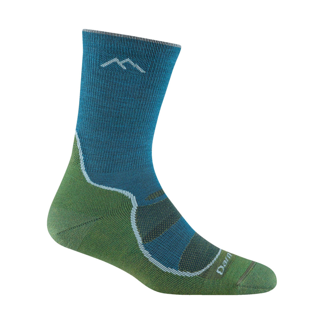 Blue and green crew hiking sock with Darn Tough text