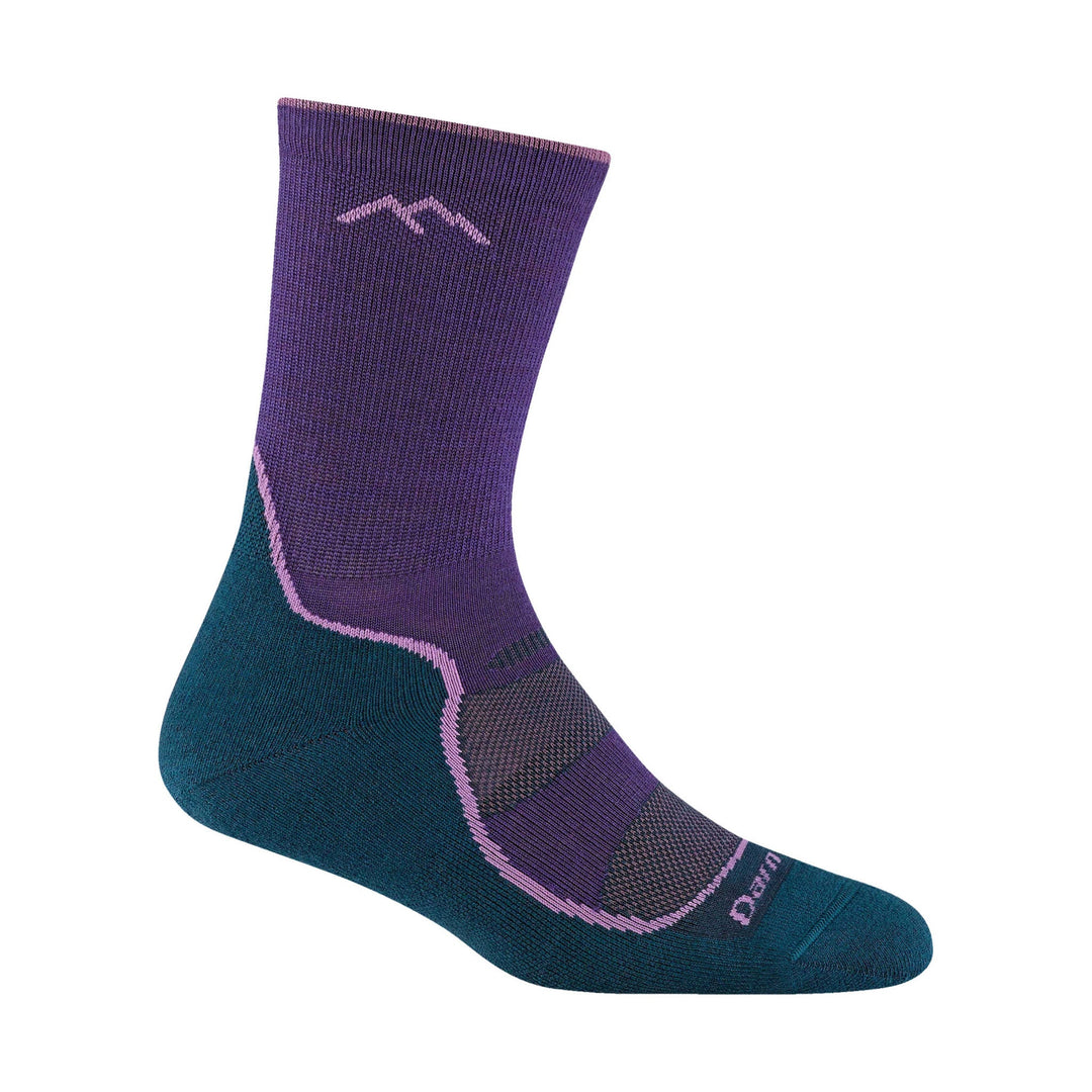 Purple and teal mid-calf hiking sock with pink woven trim and logo accents