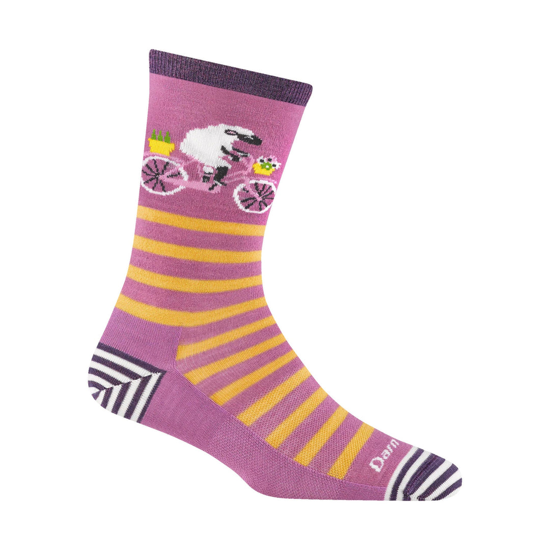 Purple crew sock with yellow stripes, a sheep on a bicycle pattern, and striped heel and toe