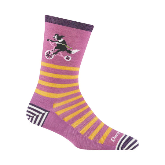 Purple crew sock with yellow stripes, a black dog riding a bicycle graphic, and striped heel and toe.
