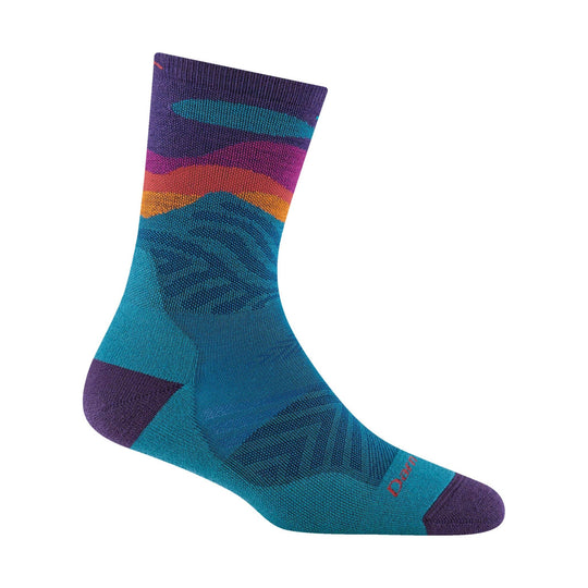 Colorful ankle sock with teal, purple, orange, and pink stripes and visible Darn Tough text