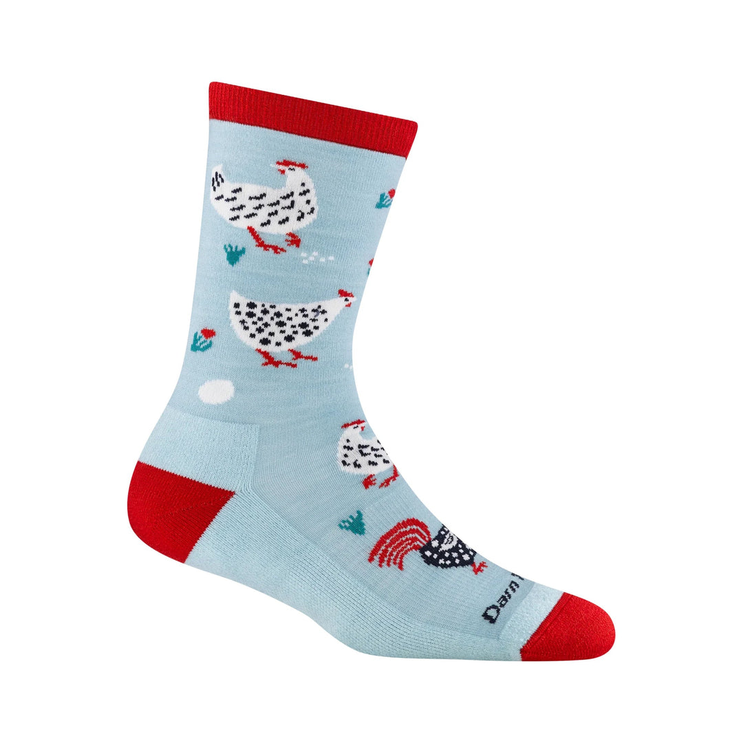 Light blue crew sock with red cuff, heel, and toe, featuring chicken and rooster patterns