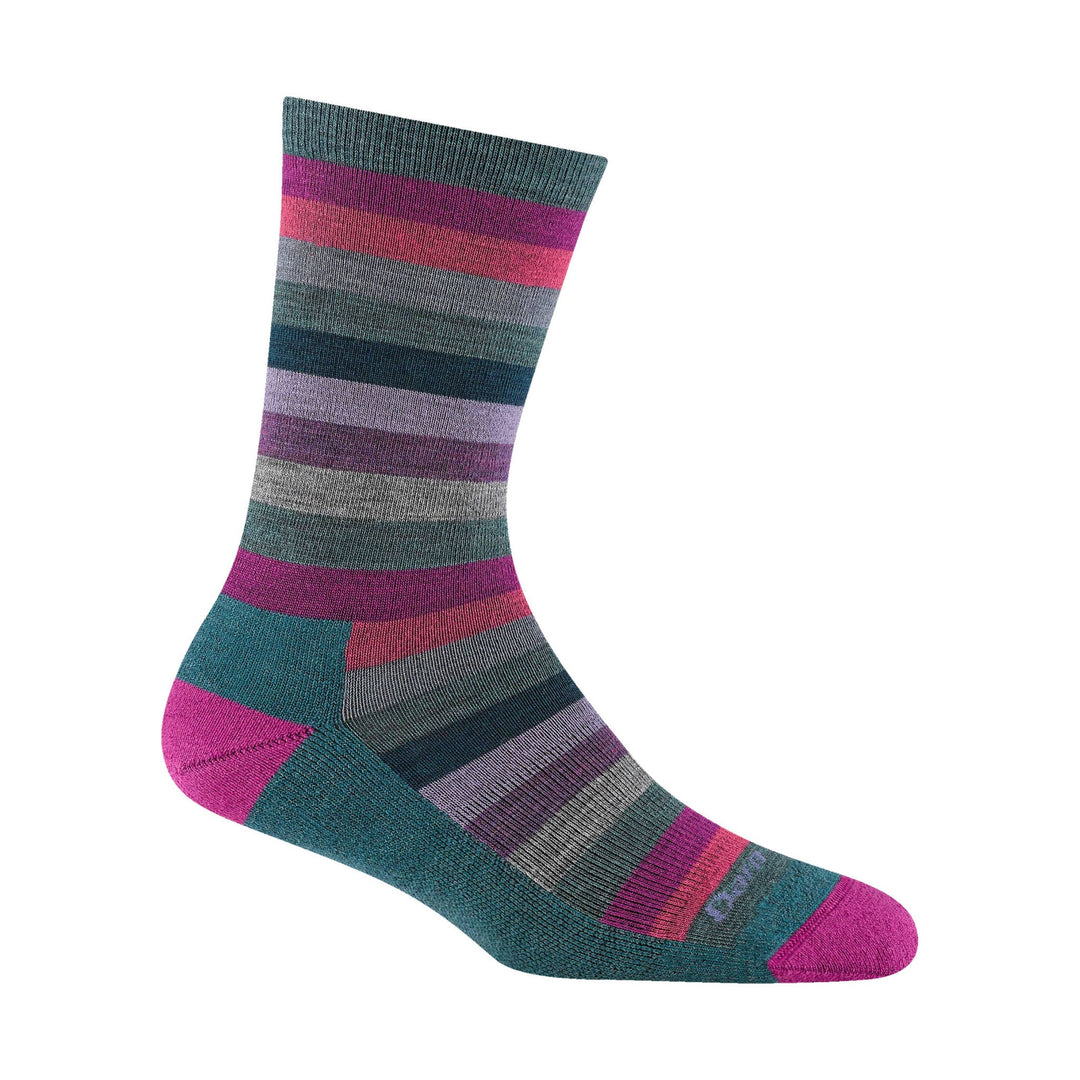 Multicolored striped crew sock in teal, gray, magenta, and purple