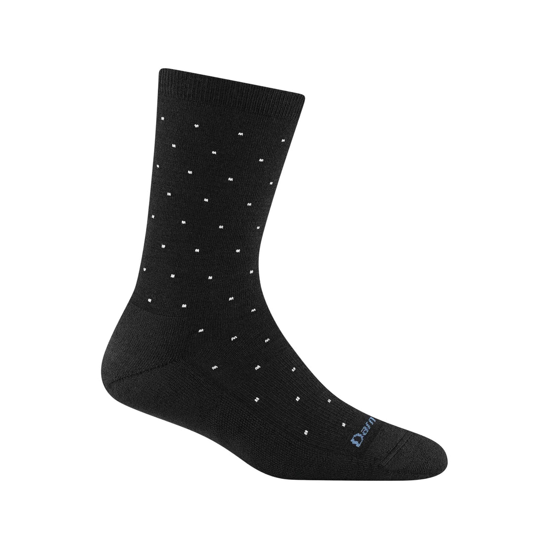 Black crew sock with small white dot pattern and blue Darn text near the toe