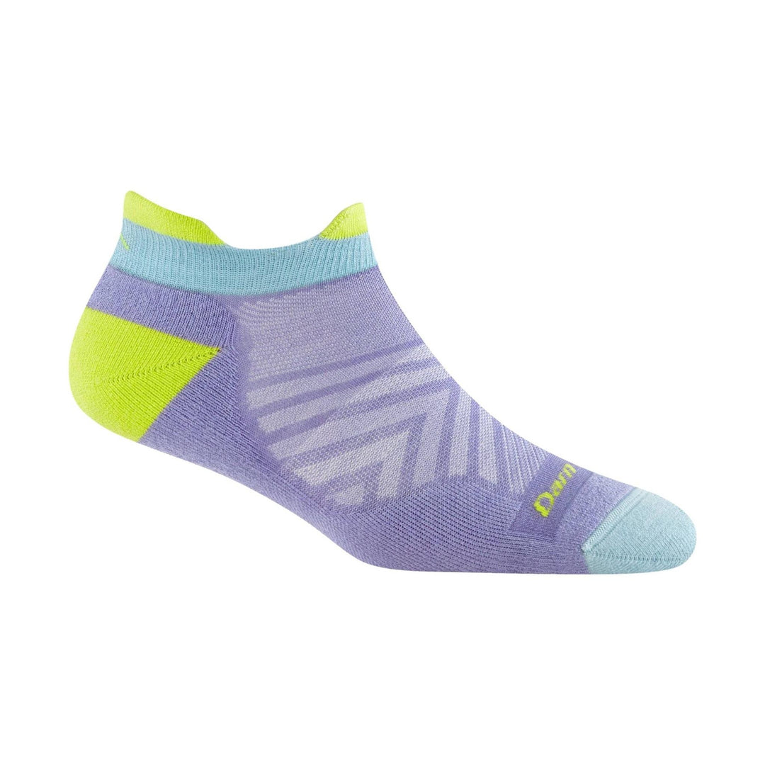 Lavender ankle sock with aqua toe and cuff, lime accents, and Darn logo