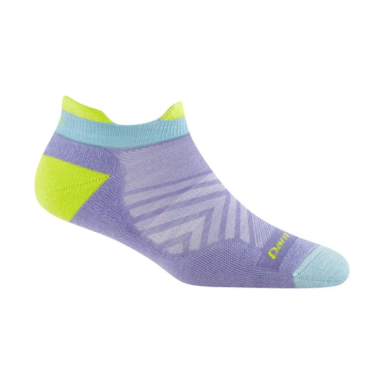 Lavender ankle sock with aqua toe and cuff, lime accents, and Darn logo