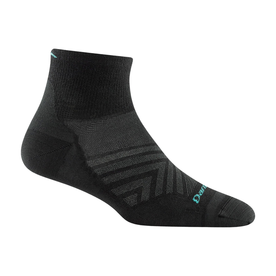 Black quarter running sock with turquoise logo text and knit support panels