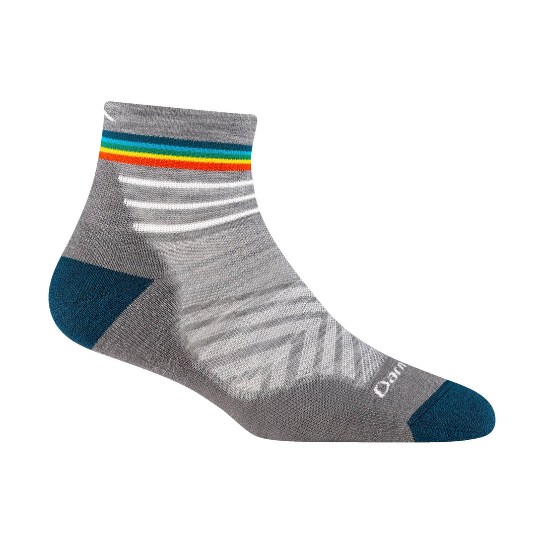 Gray ankle running sock with teal toe and heel, rainbow stripes at the cuff, and white side stripes