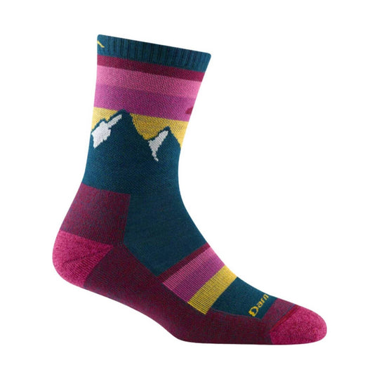 Colorblock hiking sock with teal, magenta, yellow, and pink stripes and mountain pattern