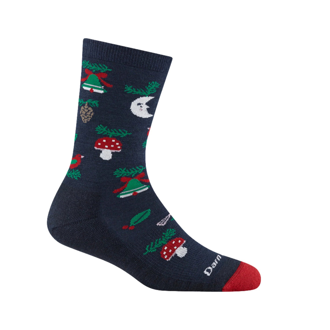 Navy crew sock with holiday bell, mushroom, moon, and pinecone pattern, red toe and heel