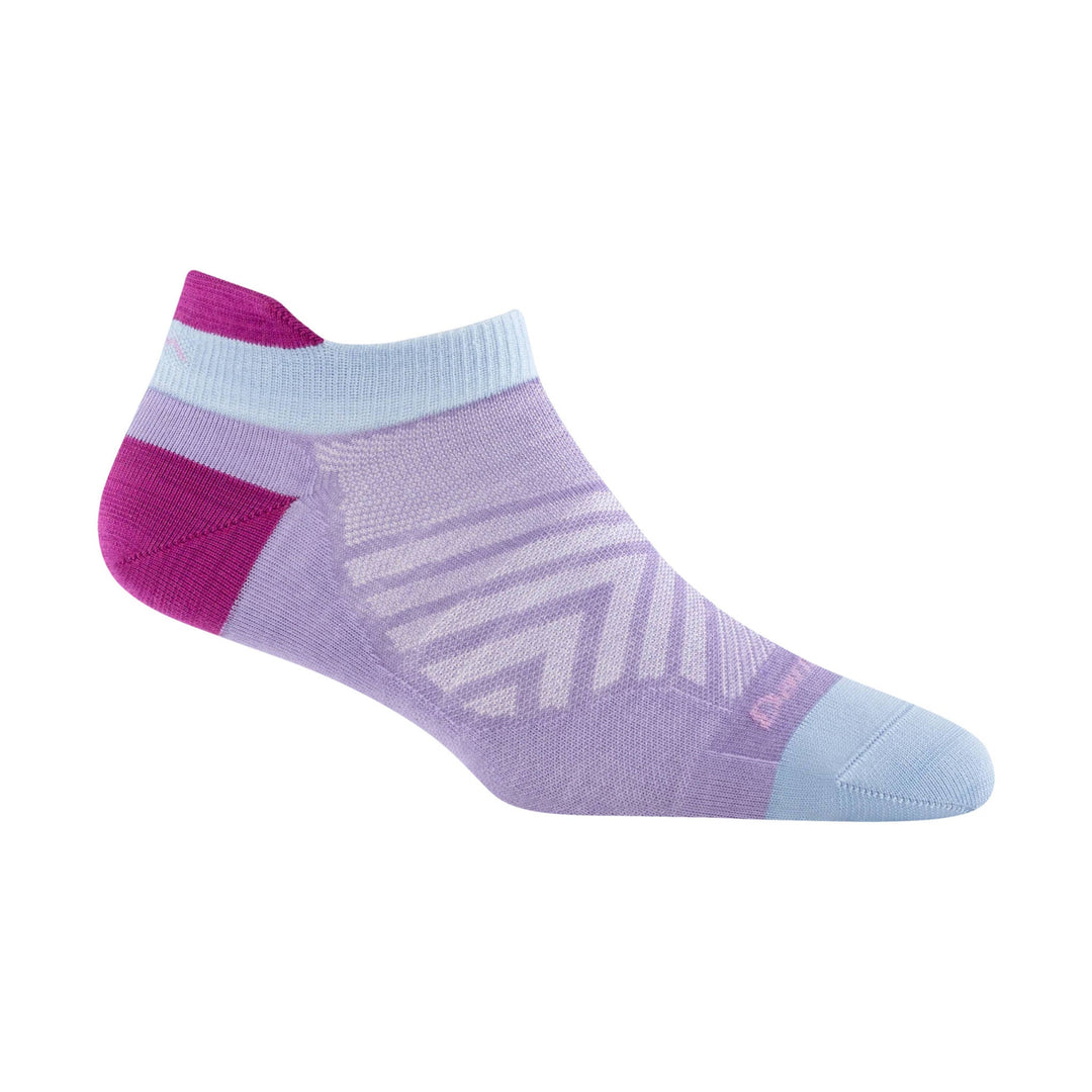 Lavender no-show running sock with light blue toe and cuff and pink heel and ankle accents