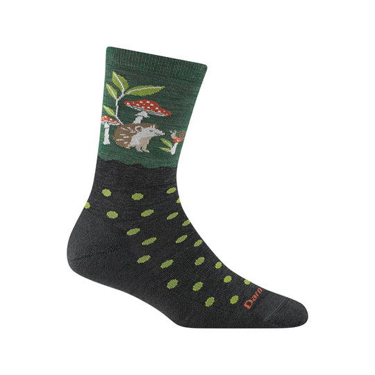 Black crew sock with green leaf and mushroom pattern and a hedgehog graphic