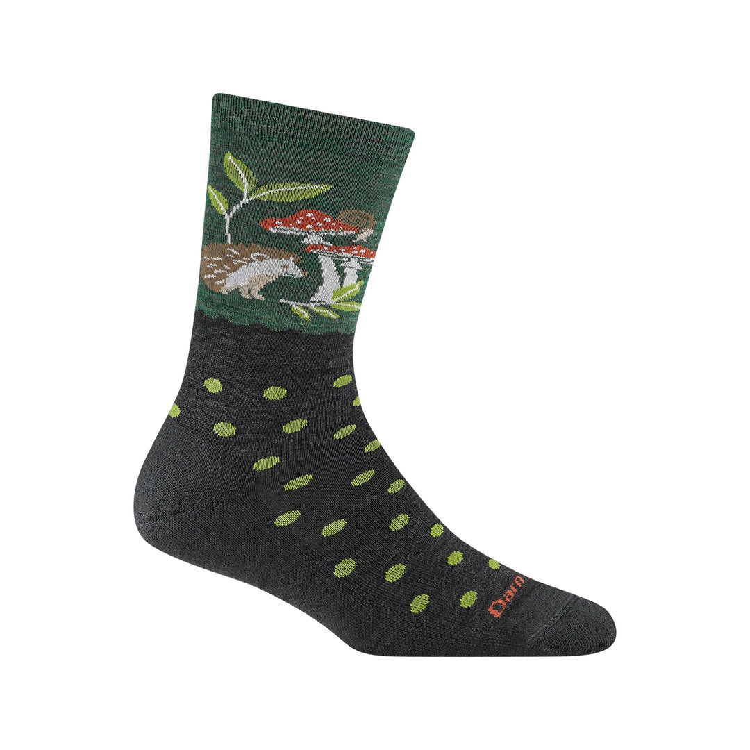 Dark crew sock with green dots and a hedgehog-and-mushroom pattern