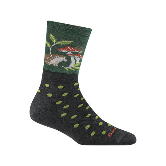 Dark crew sock with green dots and a hedgehog-and-mushroom pattern