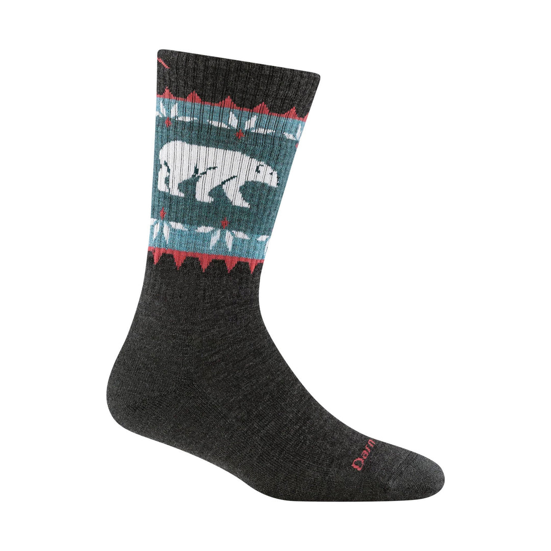 Charcoal crew hiking sock with teal and red patterned cuff and white bear graphic