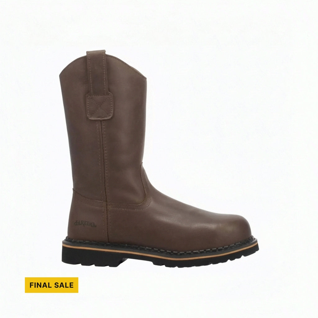 Brown pull-on work boot with a black tread sole and a yellow FINAL SALE tag