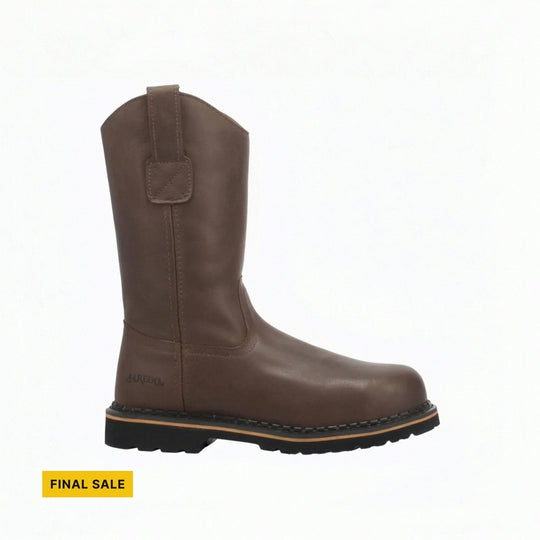 Brown pull-on work boot with a black tread sole and a yellow FINAL SALE tag
