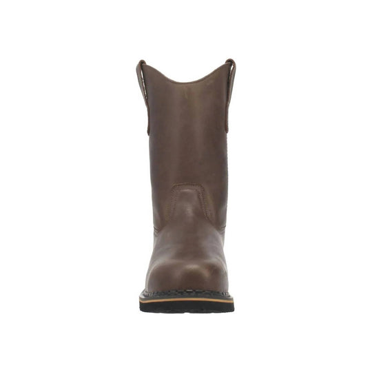 Brown pull-on work boot, front view, with a black sole and tan welt stripe.