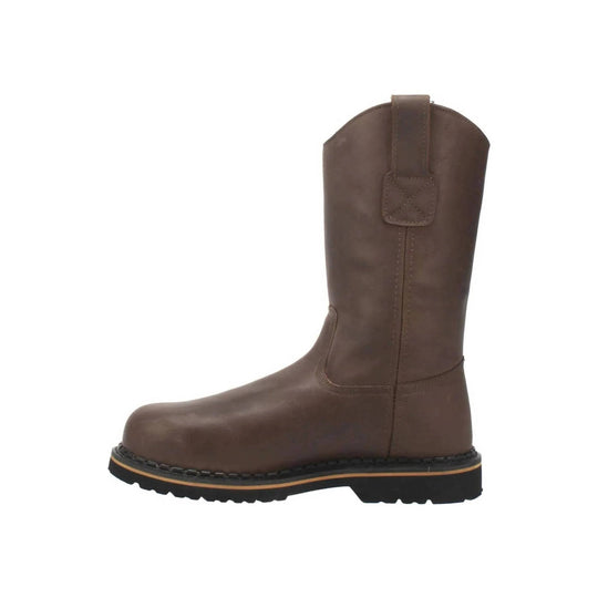 Brown tall pull-on work boot with black lug sole and contrast welt stitching, side pull tab