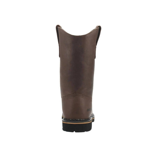 Brown leather pull-on work boot shown from the back with a black lug sole