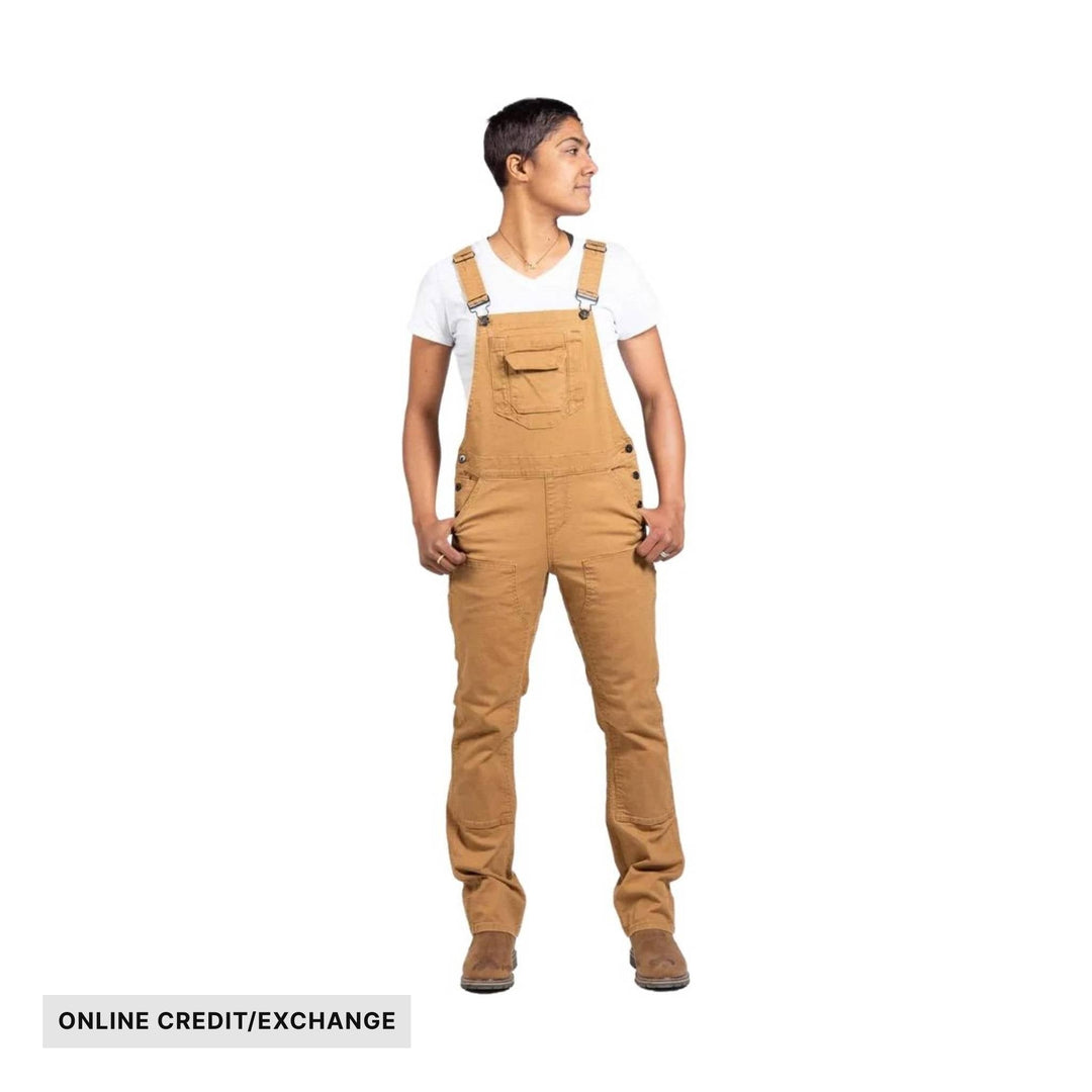 Tan bib overalls over a white T-shirt, shown full-length on a model, with ONLINE CREDIT/EXCHANGE text