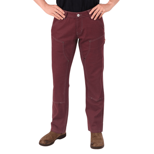 Maroon work pants with reinforced knee panels and front utility pockets