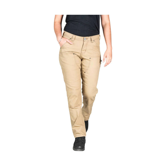 Khaki women’s work pants with front pockets and articulated knees