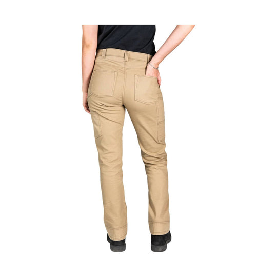 Khaki women's task pants shown from the back with tapered legs and large patch pockets