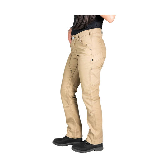Khaki women’s work pants with reinforced seams and black work boots