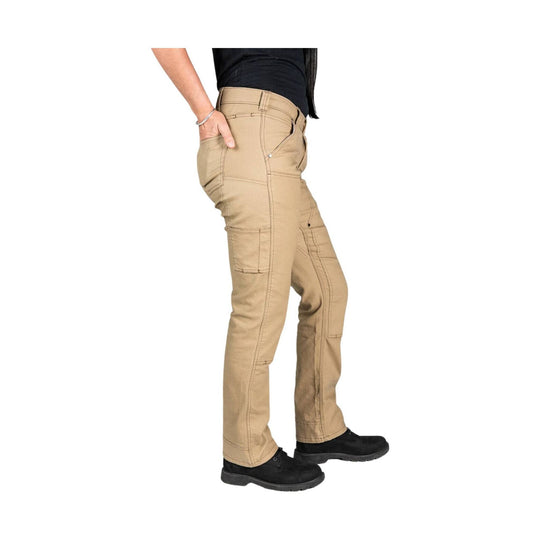 Khaki cargo work pants shown in side view with multiple utility pockets and black work shoes
