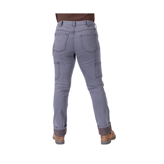 Grey women's utility pants shown from the back with cuffed hems and cargo pockets