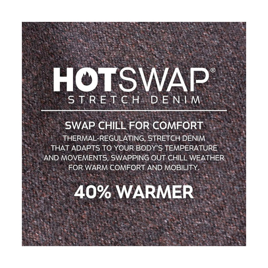 Hotswap stretch denim graphic with thermal-regulating comfort message and 40% warmer text