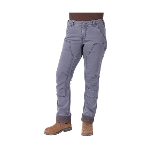 Gray utility pants with reinforced seams and cuffed hems, shown with brown work boots