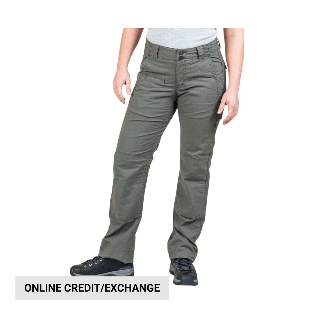 Olive green women’s ripstop cargo pants with front seam details and black shoes, with “ONLINE CREDIT/EXCHANGE” text