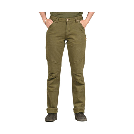 Olive green women's work pants with front pockets, reinforced knees, and rolled cuffs