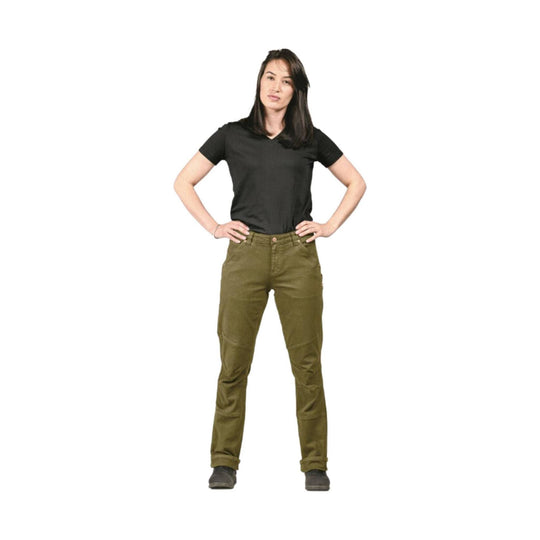 Woman wearing black short-sleeve V-neck T-shirt and olive green work pants, standing with hands on hips
