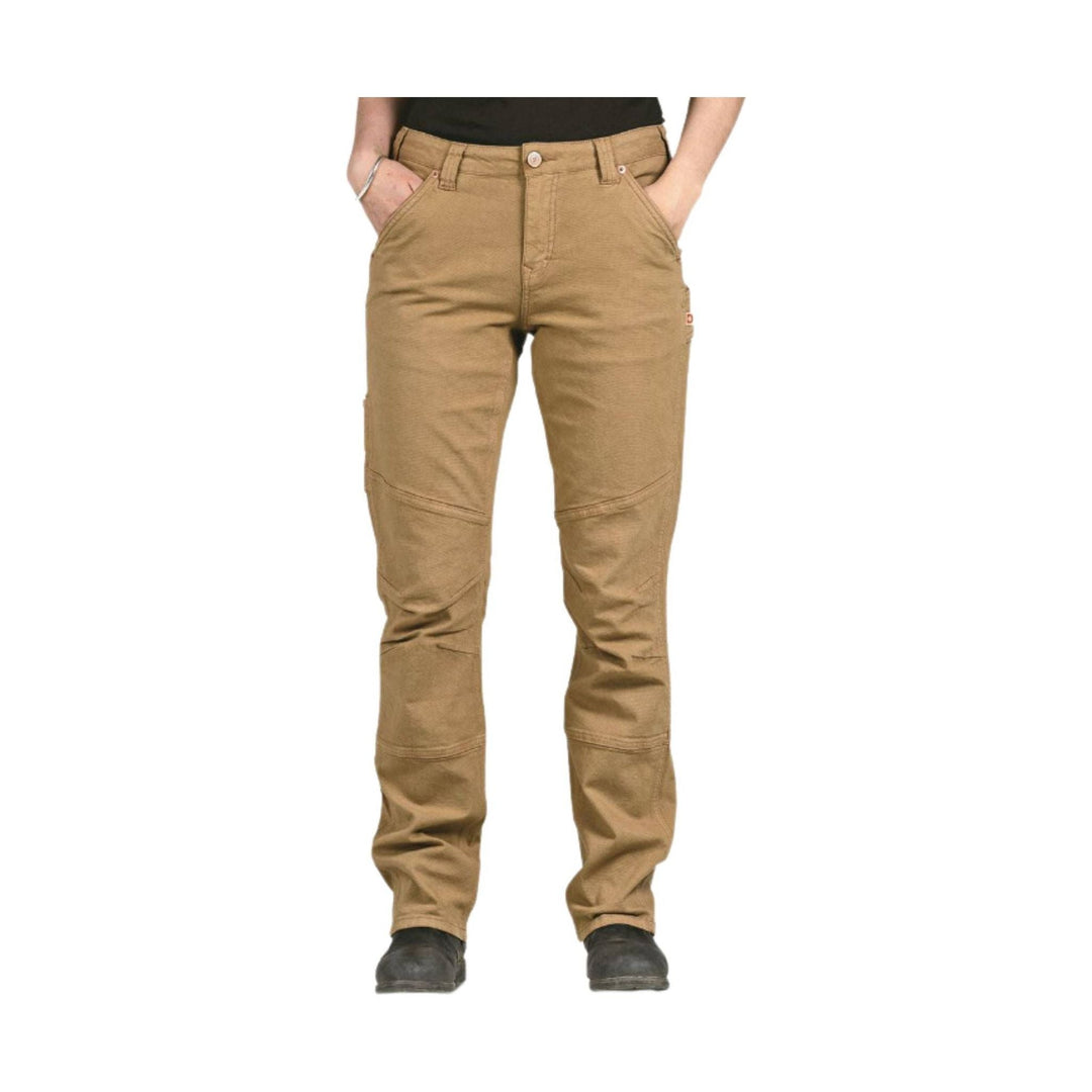 Tan women’s work pants with multiple pockets and reinforced knee panels, shown front view.