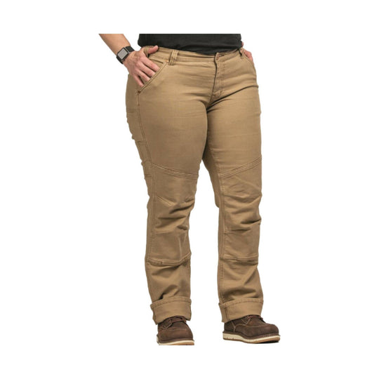 Tan women's pants with cargo-style seam details, rolled cuffs, and brown shoes