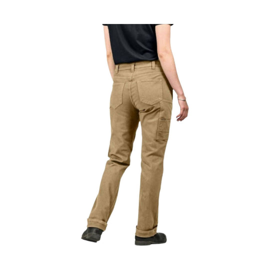 Back view of tan cargo pants with back pockets, side utility pocket, and rolled cuffs