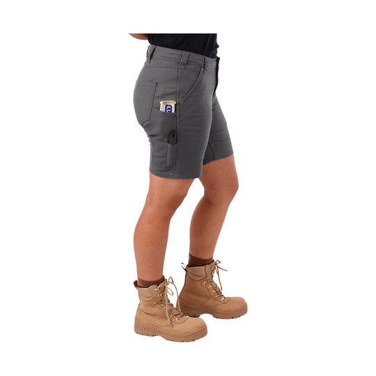Gray stretch work shorts with multiple utility pockets, shown with tan lace-up work boots
