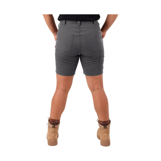 Gray stretch canvas shorts shown from the back with belt loops and cargo pockets.