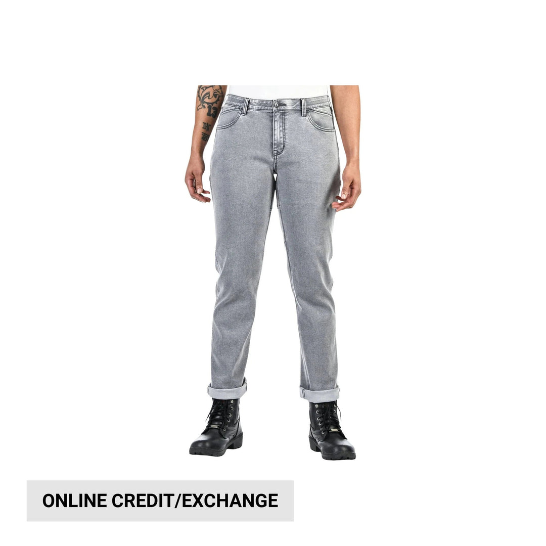 Gray straight-leg work pants with rolled cuffs, front pockets, and black lace-up boots