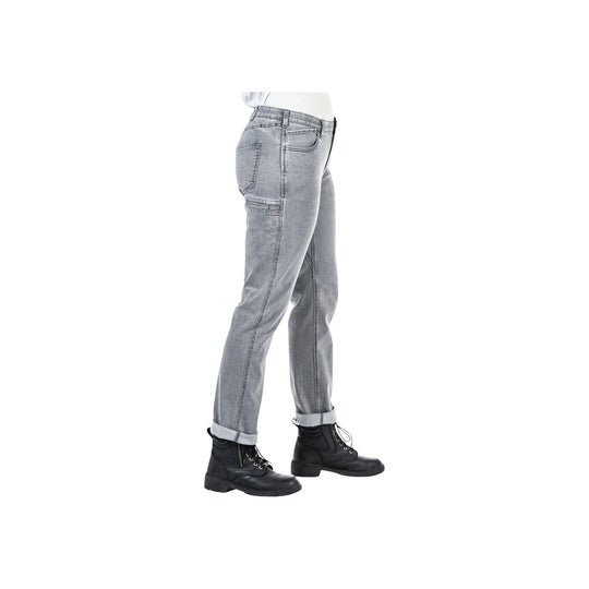 Gray cuffed work pants with front pockets and black lace-up boots