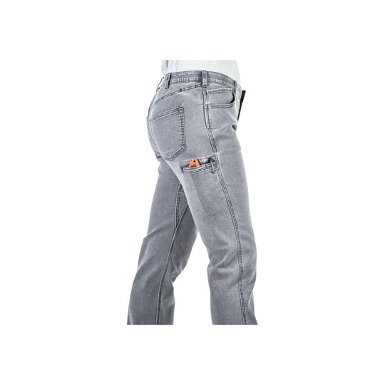 Gray women's work pants with reinforced seams and a side utility pocket holding a small orange tool