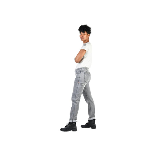 Gray straight-leg work pants with cuffed hems, rear and side utility pockets, shown on a model with black work boots