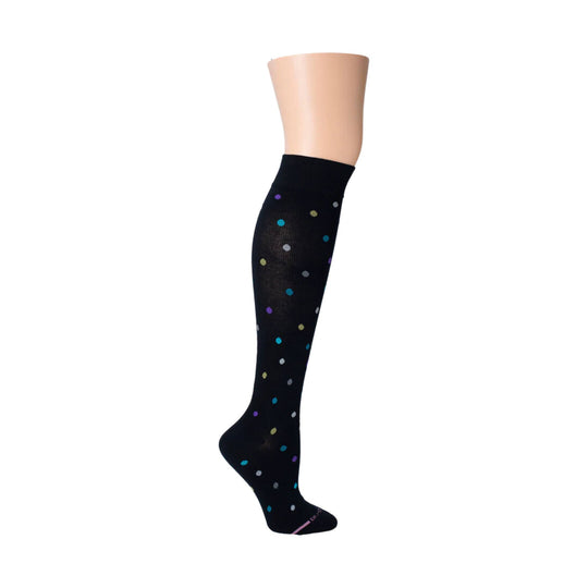 Black knee-high compression sock with multicolored polka dots