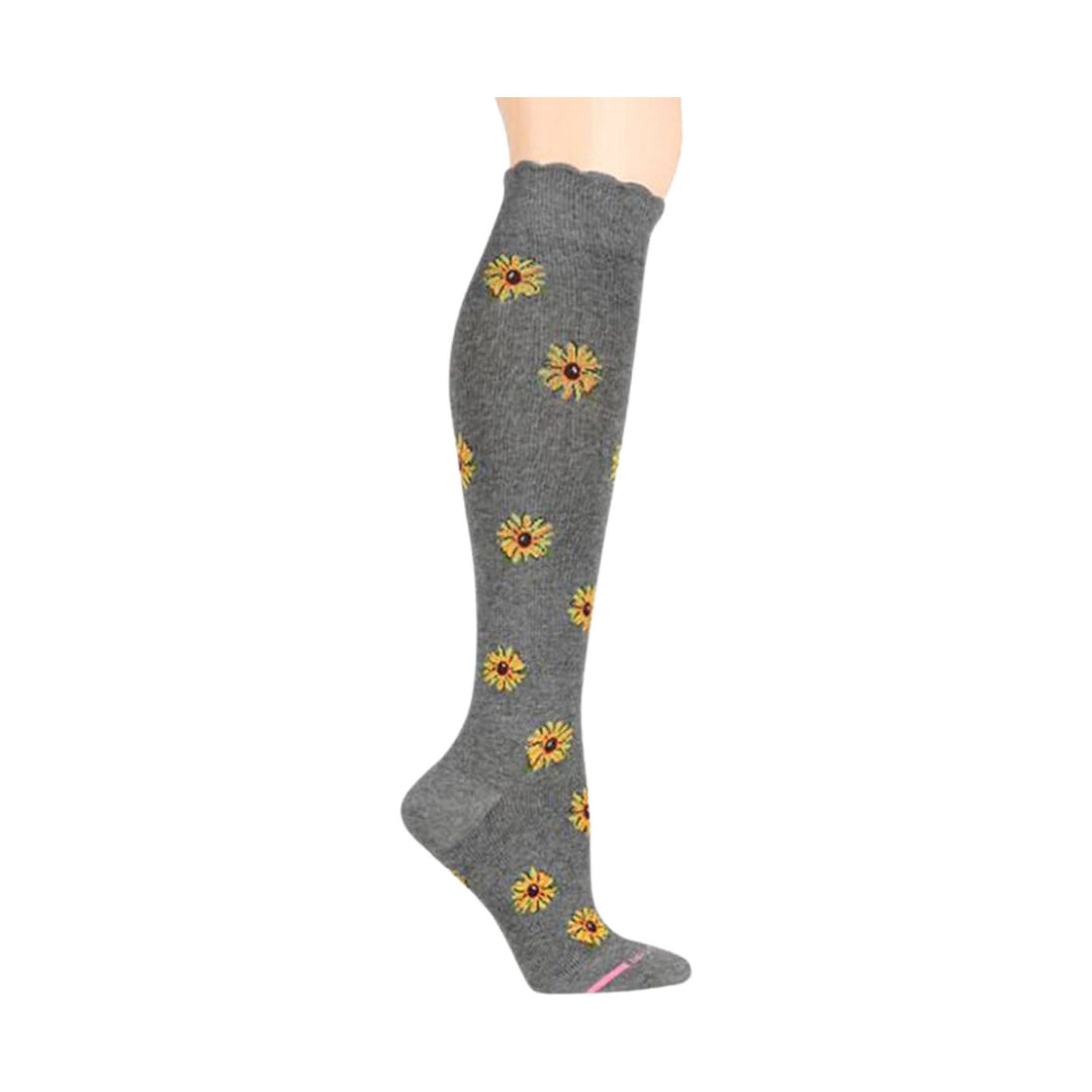 Gray knee-high compression sock with yellow sunflower print