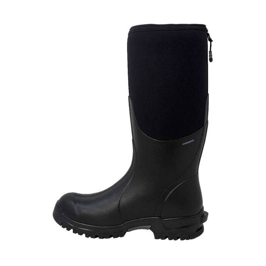 Tall black rubber boot with a zippered upper and rugged treaded sole, side view