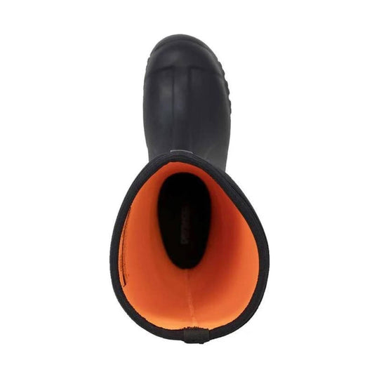 Black tall rubber boot with orange lining, shown from above