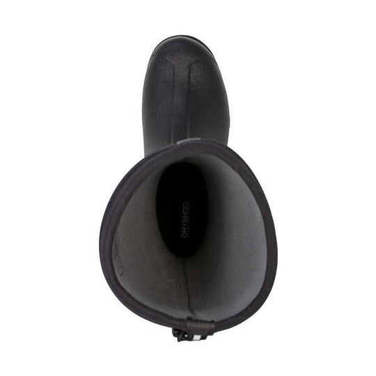 Black insulated rain boot with tall shaft and wide opening, top-down view
